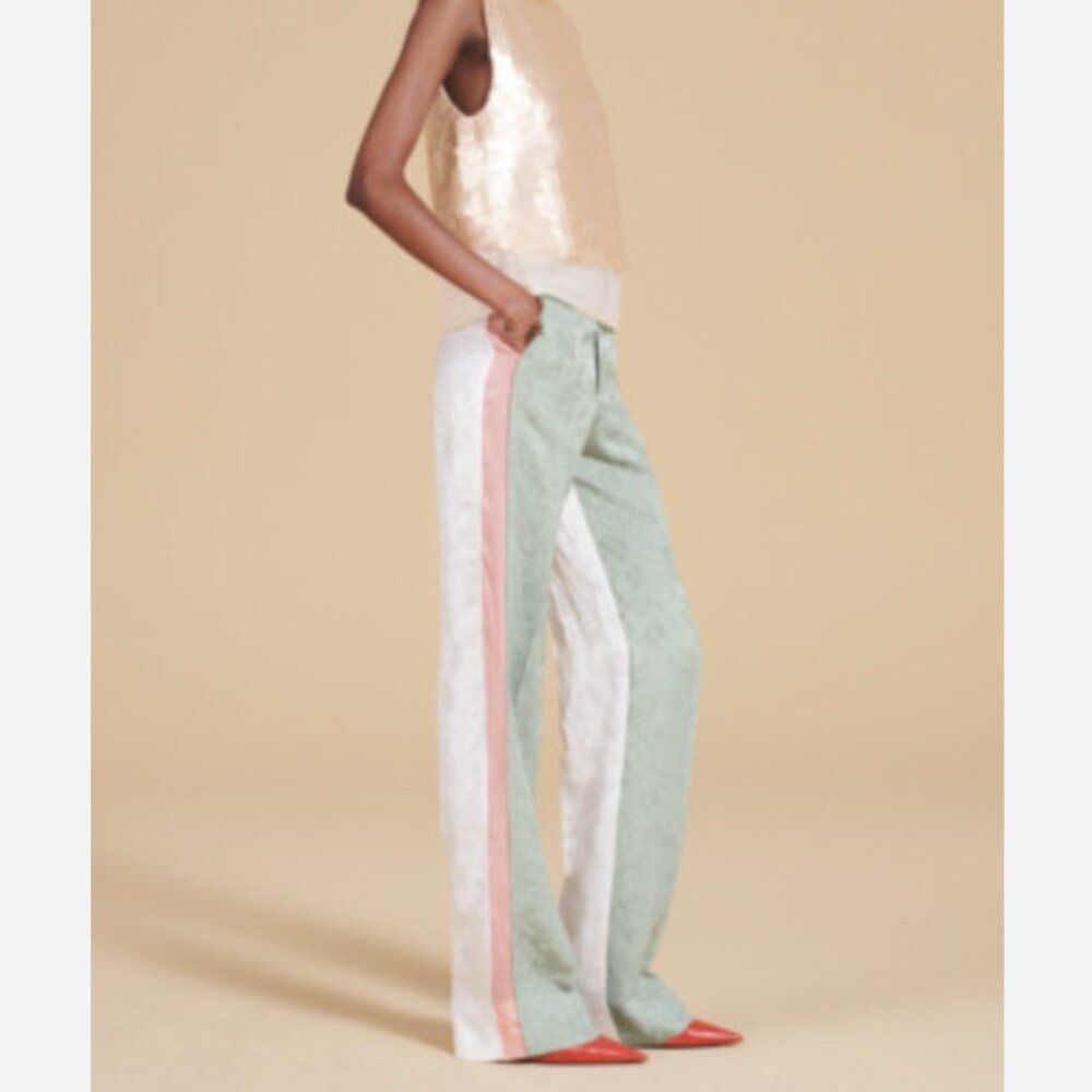 Zara Womens Pants M Medium Trousers Green Jacquard Straight Leg 2536/820 NWT